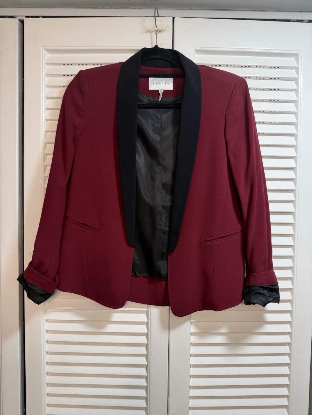 Sandro Elegant Burgundy Tuxedo Blazer with Black Satin Trim Size 36 EU / US 4
